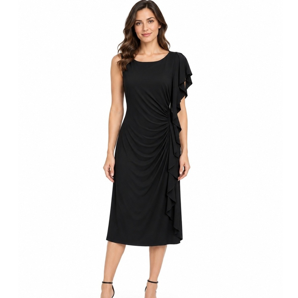 Lauren Ralph Lauren Black Ruffle Side Ruched Cocktail Dress Sleeveless | Size 6